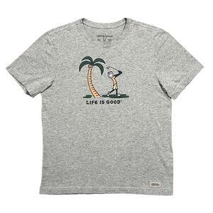 Life is Good Golfing Palm Tree Gray Heather Cotton T-Shirt Mens Size Medium